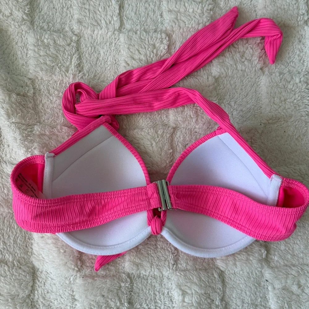 Neon Pink Ribbed Bikini Set High Waisted Two Piece Swimsuit Size M